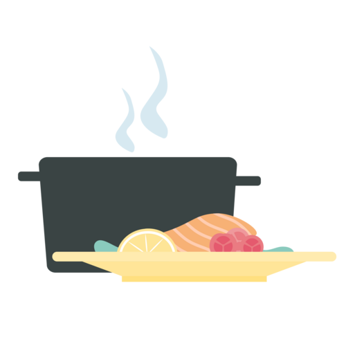 Roast dinner with steaming crockpot in background