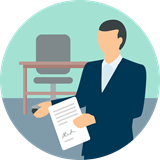 Illustrated man standing in front of desk with paper document
