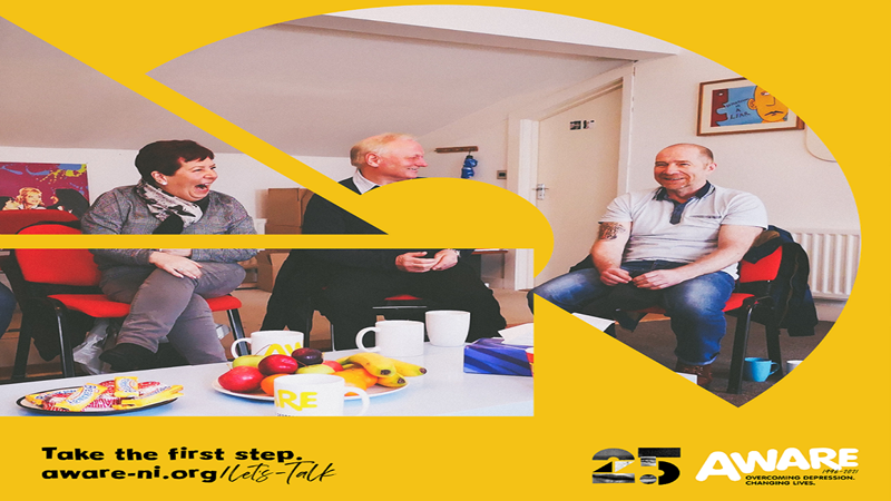 An image on a yellow background. The photo shows three people sitting in a room and laughing, chatting to each other - with coffee cups, fruits and biscuits on the table in front of them. Text reads: 'Take the first step. aware-ni.org/lets-talk' and 'AWARE 25, Overcoming depression, changing lives. 1996-2021'