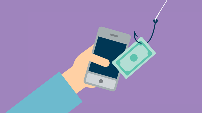 An animated arm holding a phone, from the top of the image there is a fish hook latched into a bank note.