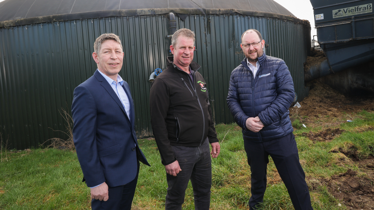 Rodney Brown, Head of Agribusiness at Danske Bank, Maghera farmer Alan Paul, one of the first to install an anaerobic digester plant in NI, and Paul Clingan, Agri Sustainability Manager at Danske Bank.