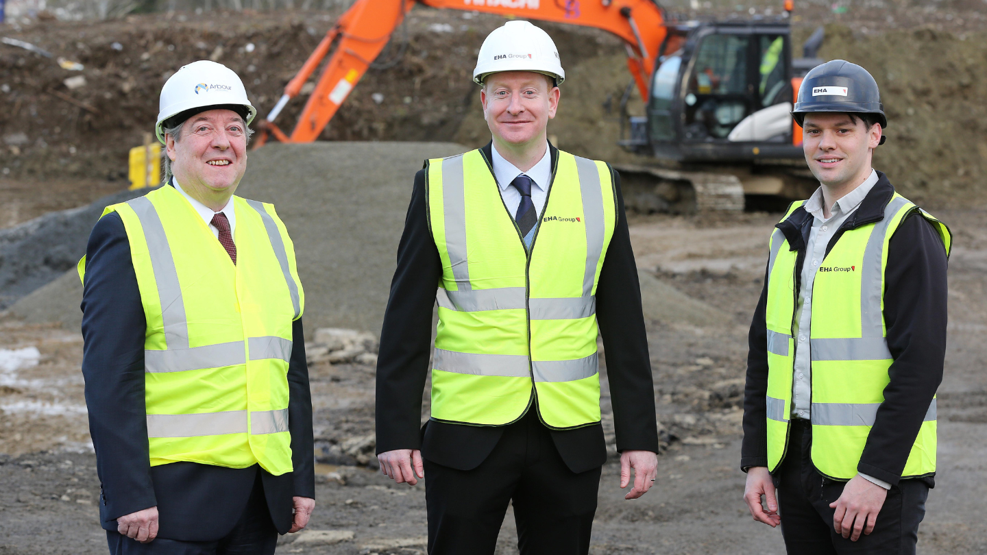 At the site of Arbour Housing’s new affordable housing development at Buncrana Road in Derry are Danske Bank’s Paul Herbison, Arbour Housing CEO Kieran Matthews, and Jordan Allingham from EHA.
