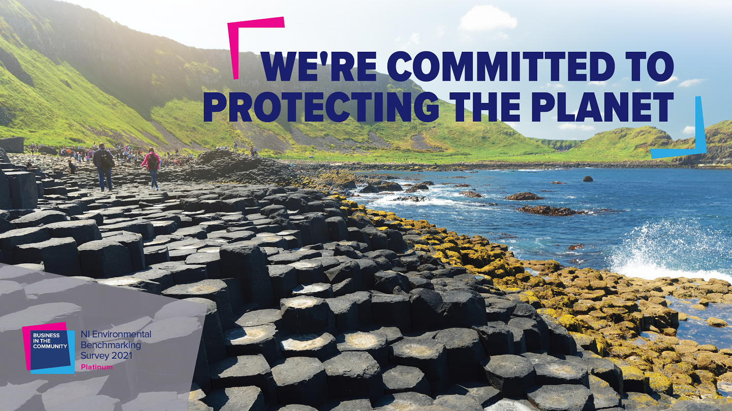 Image of the Giant's Causeway coastline. With text reading "We're commited to protecting the planet. Business in the Community NI Environmental Benchmarking Survey"