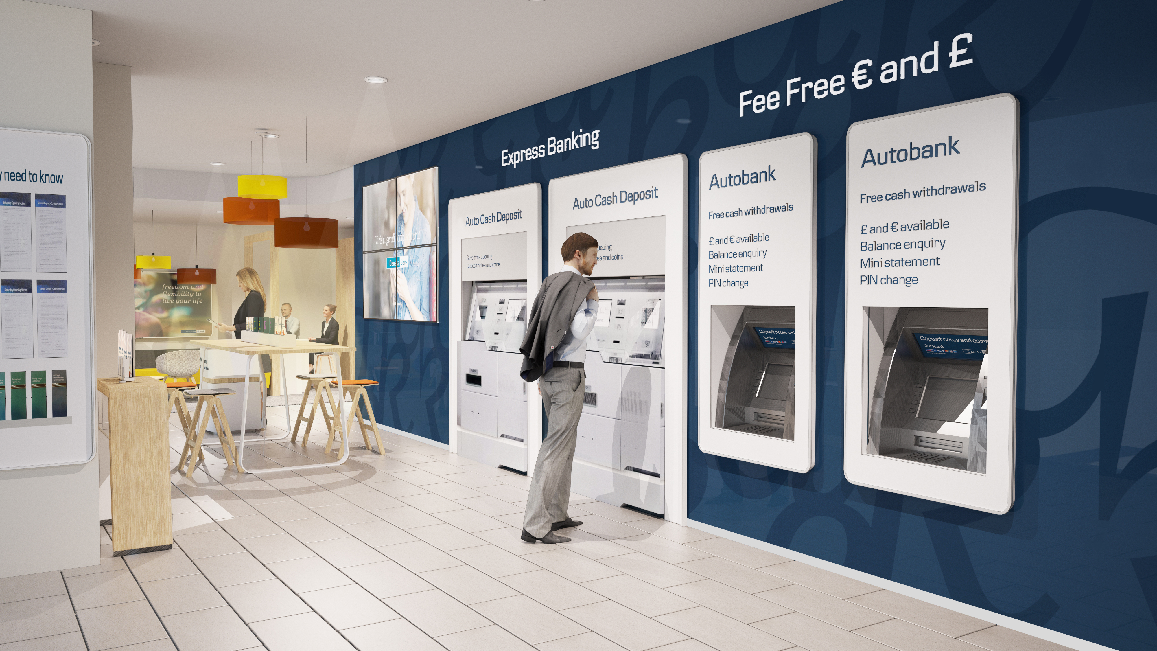 Image shows a mocked up version of the self service wall at the new Danske Bank Bloomfield branch. There is a large navy wall with two express deposit machines and two cash machines that dispense pounds and euros. In the background to the righ is some soft lighting, a high table and high stools and the entrance hall to the branch.