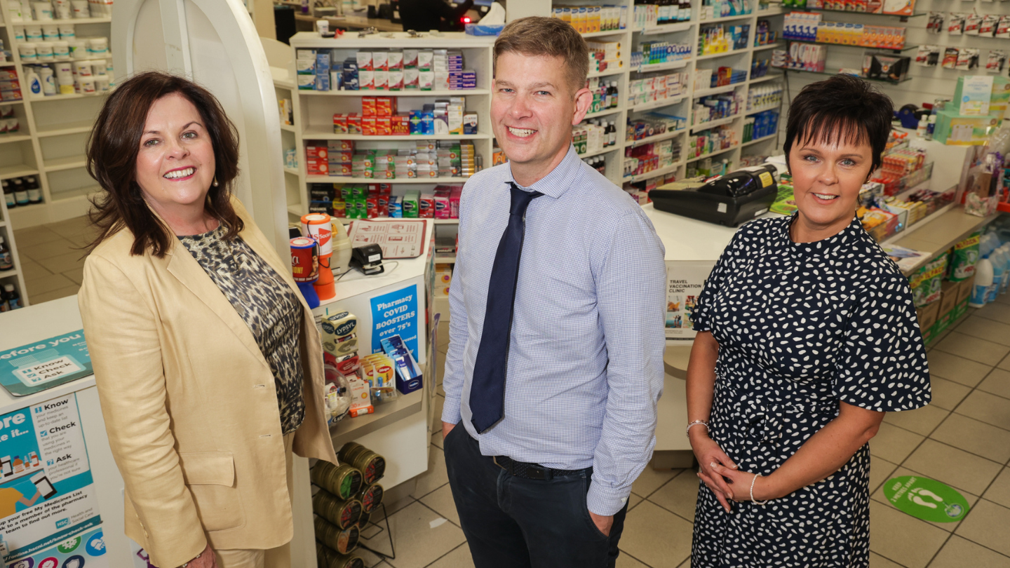 Pictured at McGovern’s Pharmacy in Derrylin are Caroline O’Hagan, Senior Business Manager at Danske Bank, Oonagh Murtagh, Head of South Business Centre at Danske Bank, and Neil McConnell from Pillbox Pharmacy.