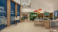 An illustrated mock up of the refurbished Forestside branch. You can see a large self service wall with cash machines and deposit machines, as well as some soft seating and a green living wall with a Danske Bank lightbox logo. There's also a light up sign saying 'Hello Forestside'.