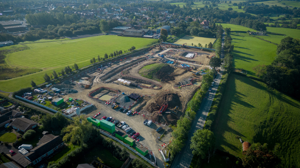 Aerial shot of Newydd Housing Associations development of  79 EPC A rated propertys at Maes yr Ithon