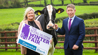 The launch of the 2023 Winter Fair A man and Woman stand next to a cow, one is holding a sign that says 'The Royal Ulster Winter Fair'.