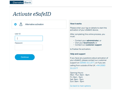 eSafe ID alternative activation screen