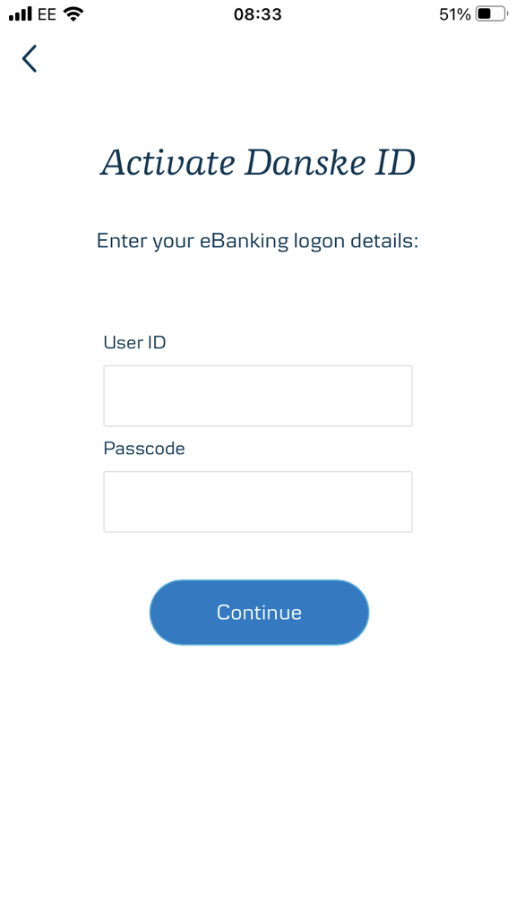 Step 2: Enter eBanking user ID and passcode then press continue