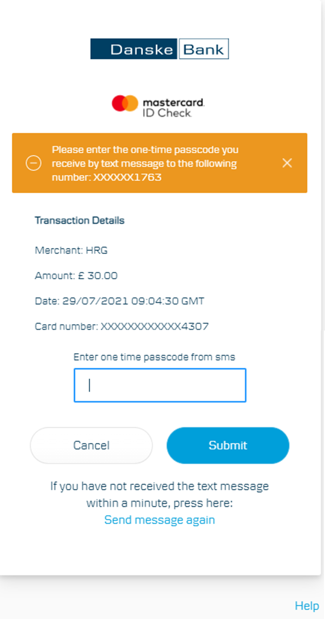 One time passcode screen
