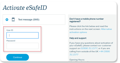 Activate eSafeID enter user ID and password