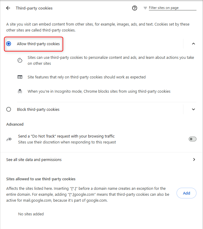 Google Chrome Third-party cookies settings