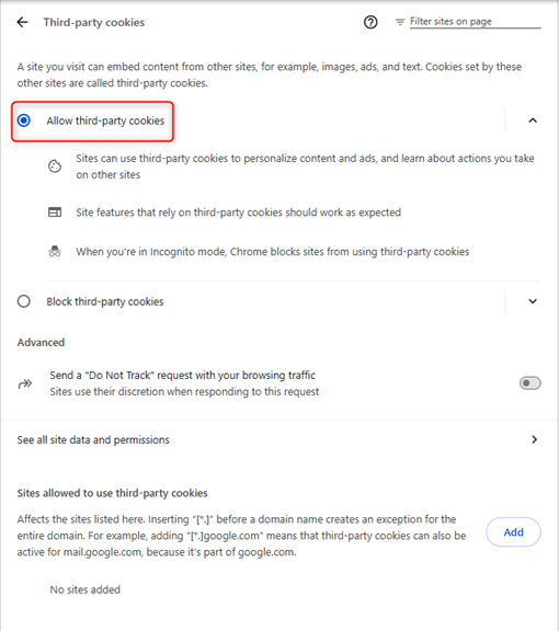 Google Chrome Third-party cookies settings