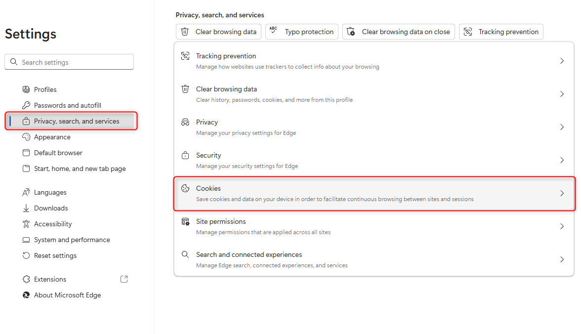 Microsoft Edge settings Privacy search and services