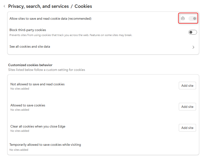 Microsoft Edge Privacy search services and cookies