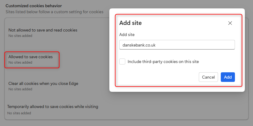Microsoft Edge customised cookies behaviour