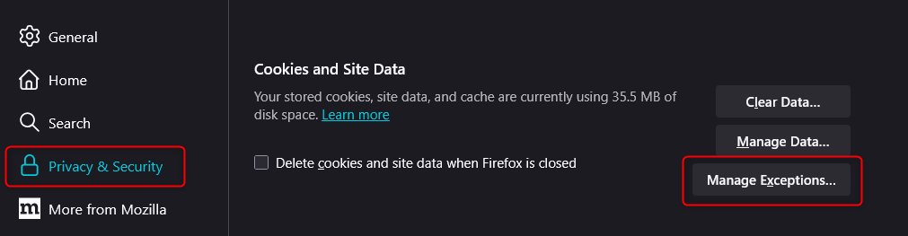 Mozilla Firefox privacy and security cookies and site data