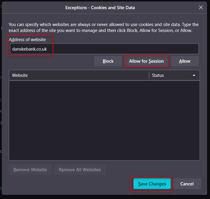 Mozilla Firefox exceptions - Cookies and site data