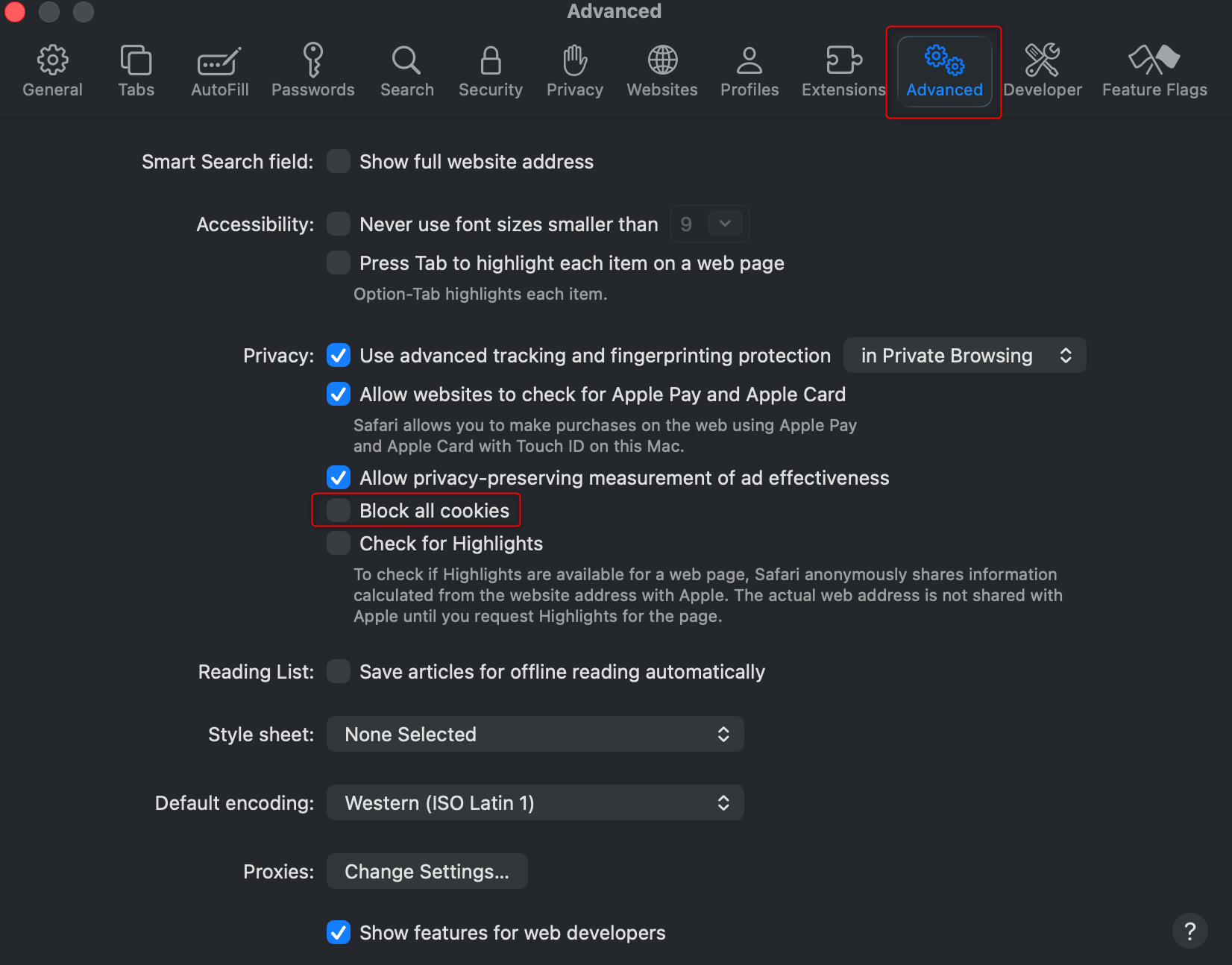 Safari advanced settings