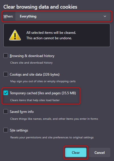 Firefox browser clear recent history confirmation screen